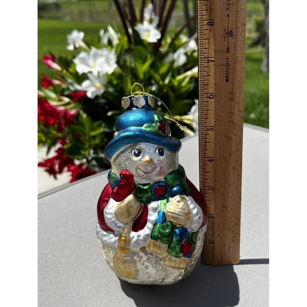Christmas Street Snowman Glass Ornament Hand Painted European‎ Style Boxed Vtg